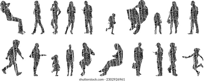 Vector illustration, Outline silhouettes of people, Contour drawing, people silhouette, Icon Set Isolated , Silhouette of sitting people, Architectural set	
