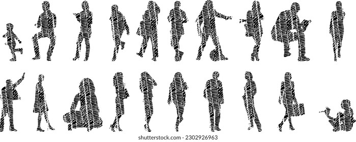 Vector illustration, Outline silhouettes of people, Contour drawing, people silhouette, Icon Set Isolated , Silhouette of sitting people, Architectural set	
