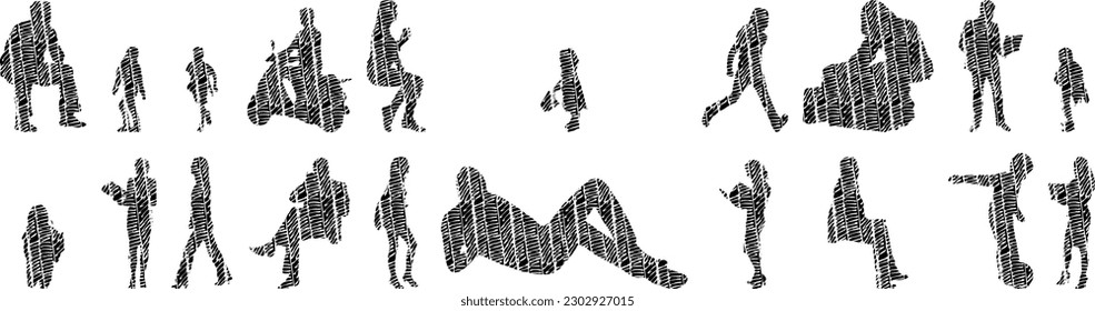 Vector illustration, Outline silhouettes of people, Contour drawing, people silhouette, Icon Set Isolated , Silhouette of sitting people, Architectural set	
