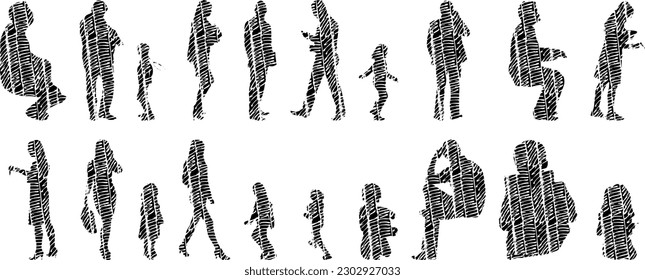 Vector illustration, Outline silhouettes of people, Contour drawing, people silhouette, Icon Set Isolated , Silhouette of sitting people, Architectural set	
