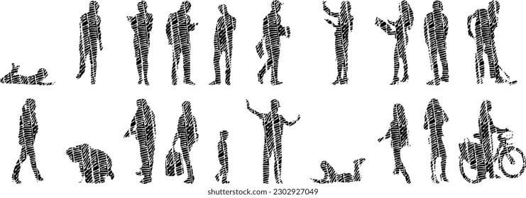 Vector illustration, Outline silhouettes of people, Contour drawing, people silhouette, Icon Set Isolated , Silhouette of sitting people, Architectural set	
