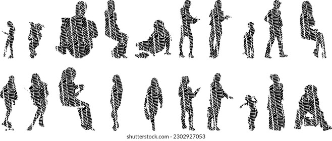 Vector illustration, Outline silhouettes of people, Contour drawing, people silhouette, Icon Set Isolated , Silhouette of sitting people, Architectural set	
