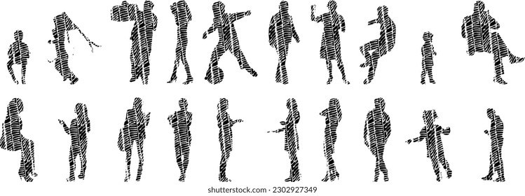 Vector illustration, Outline silhouettes of people, Contour drawing, people silhouette, Icon Set Isolated , Silhouette of sitting people, Architectural set	
