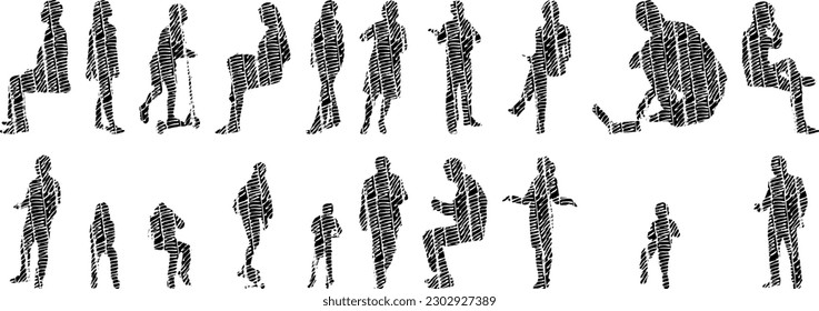 Vector illustration, Outline silhouettes of people, Contour drawing, people silhouette, Icon Set Isolated , Silhouette of sitting people, Architectural set	
