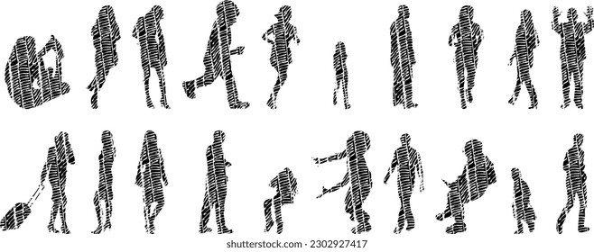 Vector illustration, Outline silhouettes of people, Contour drawing, people silhouette, Icon Set Isolated , Silhouette of sitting people, Architectural set	

