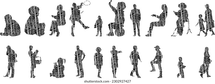 Vector illustration, Outline silhouettes of people, Contour drawing, people silhouette, Icon Set Isolated , Silhouette of sitting people, Architectural set	
