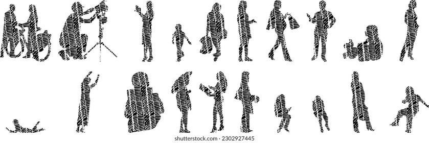 Vector illustration, Outline silhouettes of people, Contour drawing, people silhouette, Icon Set Isolated , Silhouette of sitting people, Architectural set	
