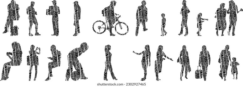 Vector illustration, Outline silhouettes of people, Contour drawing, people silhouette, Icon Set Isolated , Silhouette of sitting people, Architectural set	
