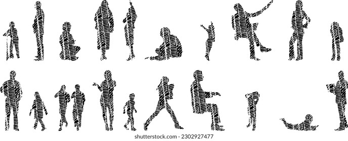 Vector illustration, Outline silhouettes of people, Contour drawing, people silhouette, Icon Set Isolated , Silhouette of sitting people, Architectural set	
