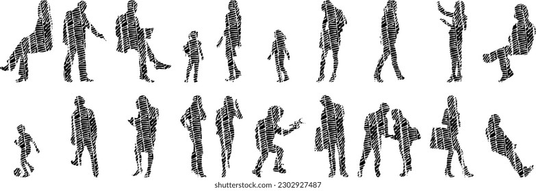 Vector illustration, Outline silhouettes of people, Contour drawing, people silhouette, Icon Set Isolated , Silhouette of sitting people, Architectural set	
