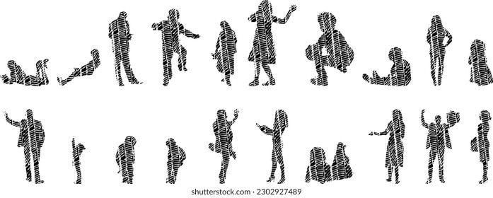 Vector illustration, Outline silhouettes of people, Contour drawing, people silhouette, Icon Set Isolated , Silhouette of sitting people, Architectural set	
