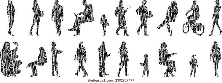 Vector illustration, Outline silhouettes of people, Contour drawing, people silhouette, Icon Set Isolated , Silhouette of sitting people, Architectural set	
