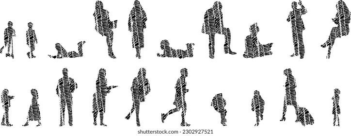 Vector illustration, Outline silhouettes of people, Contour drawing, people silhouette, Icon Set Isolated , Silhouette of sitting people, Architectural set	
