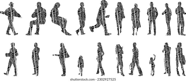 Vector illustration, Outline silhouettes of people, Contour drawing, people silhouette, Icon Set Isolated , Silhouette of sitting people, Architectural set	
