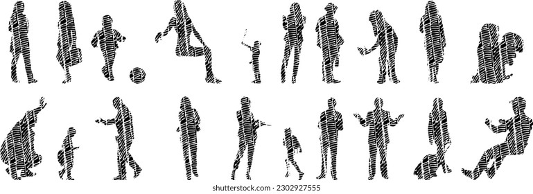 Vector illustration, Outline silhouettes of people, Contour drawing, people silhouette, Icon Set Isolated , Silhouette of sitting people, Architectural set	
