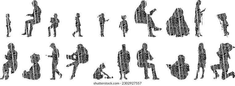 Vector illustration, Outline silhouettes of people, Contour drawing, people silhouette, Icon Set Isolated , Silhouette of sitting people, Architectural set	
