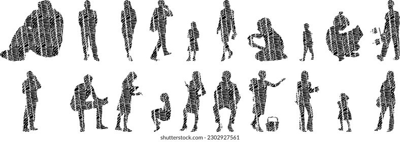 Vector illustration, Outline silhouettes of people, Contour drawing, people silhouette, Icon Set Isolated , Silhouette of sitting people, Architectural set	
