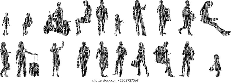 Vector illustration, Outline silhouettes of people, Contour drawing, people silhouette, Icon Set Isolated , Silhouette of sitting people, Architectural set	
