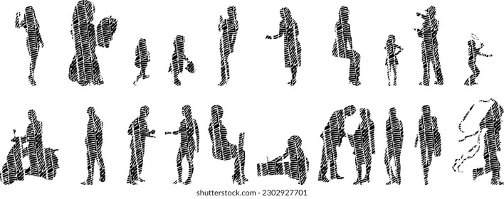 Vector illustration, Outline silhouettes of people, Contour drawing, people silhouette, Icon Set Isolated , Silhouette of sitting people, Architectural set	
