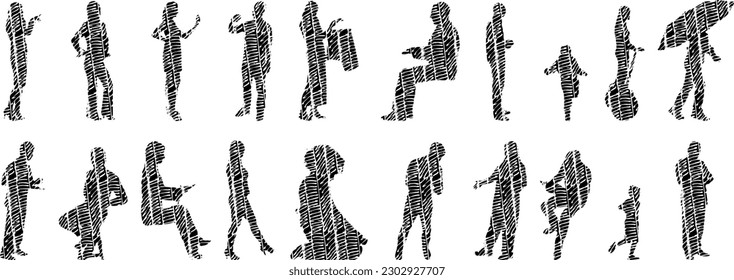 Vector illustration, Outline silhouettes of people, Contour drawing, people silhouette, Icon Set Isolated , Silhouette of sitting people, Architectural set	
