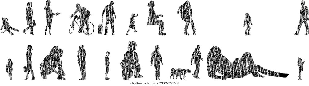Vector illustration, Outline silhouettes of people, Contour drawing, people silhouette, Icon Set Isolated , Silhouette of sitting people, Architectural set	
