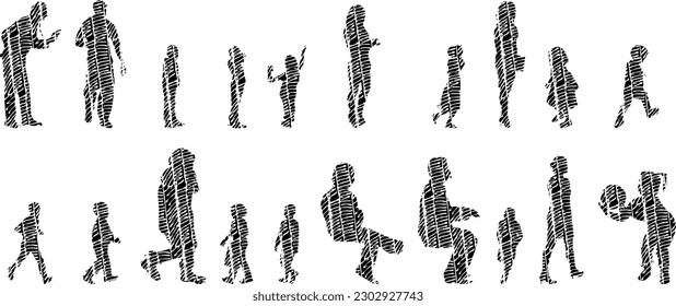 Vector illustration, Outline silhouettes of people, Contour drawing, people silhouette, Icon Set Isolated , Silhouette of sitting people, Architectural set	
