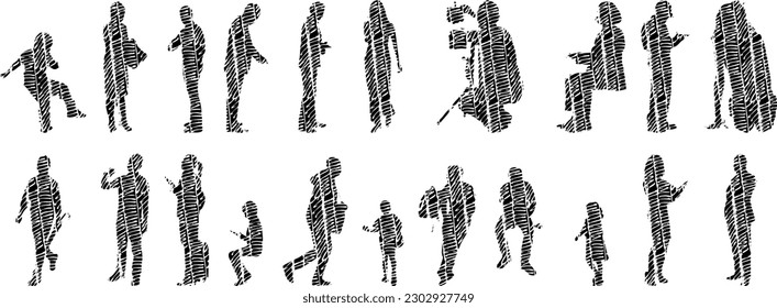 Vector illustration, Outline silhouettes of people, Contour drawing, people silhouette, Icon Set Isolated , Silhouette of sitting people, Architectural set	

