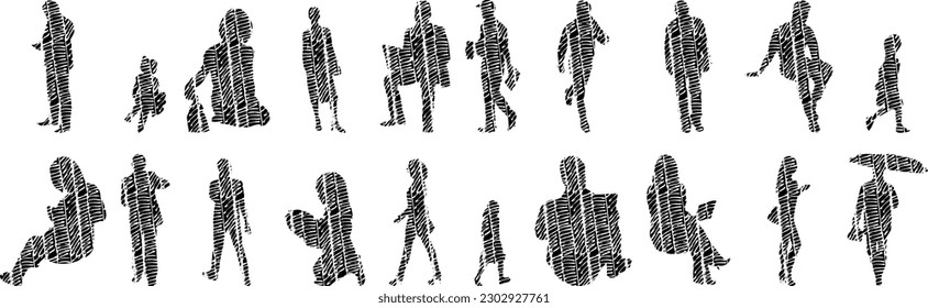 Vector illustration, Outline silhouettes of people, Contour drawing, people silhouette, Icon Set Isolated , Silhouette of sitting people, Architectural set	
