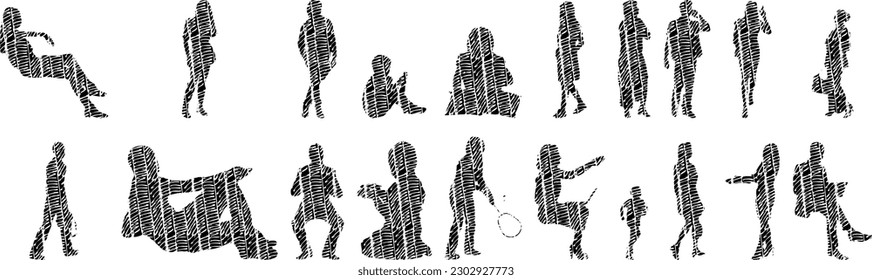 Vector illustration, Outline silhouettes of people, Contour drawing, people silhouette, Icon Set Isolated , Silhouette of sitting people, Architectural set	
