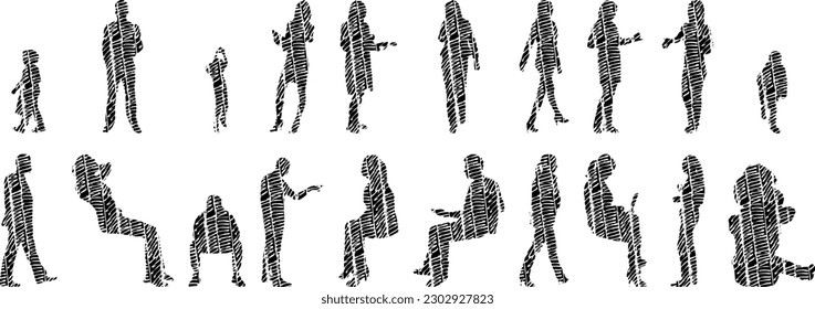 Vector illustration, Outline silhouettes of people, Contour drawing, people silhouette, Icon Set Isolated , Silhouette of sitting people, Architectural set	
