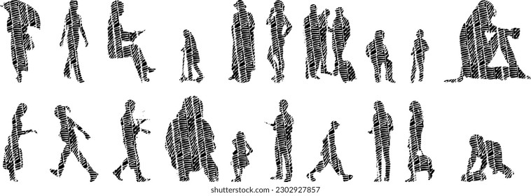 Vector illustration, Outline silhouettes of people, Contour drawing, people silhouette, Icon Set Isolated , Silhouette of sitting people, Architectural set	
