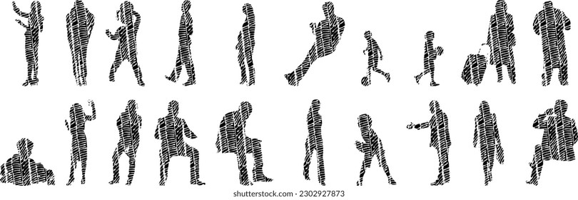 Vector illustration, Outline silhouettes of people, Contour drawing, people silhouette, Icon Set Isolated , Silhouette of sitting people, Architectural set	
