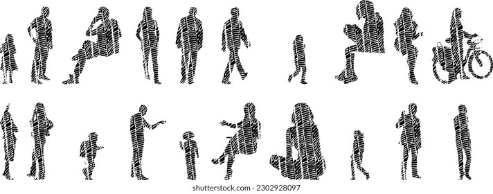 Vector illustration, Outline silhouettes of people, Contour drawing, people silhouette, Icon Set Isolated , Silhouette of sitting people, Architectural set	
