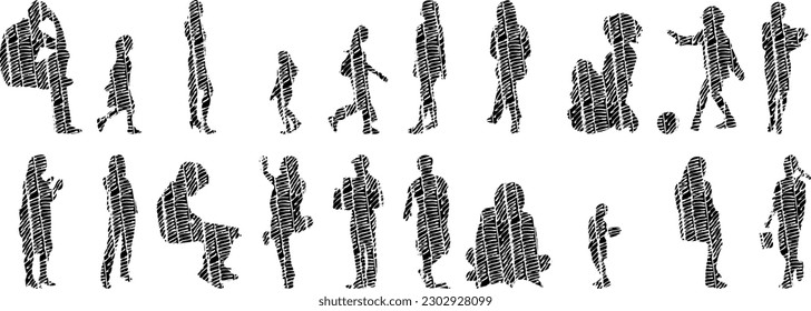 Vector illustration, Outline silhouettes of people, Contour drawing, people silhouette, Icon Set Isolated , Silhouette of sitting people, Architectural set	
