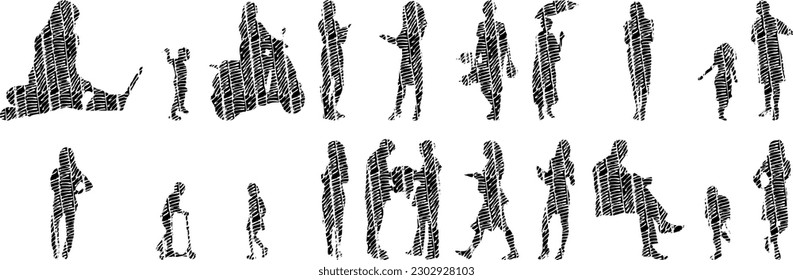 Vector illustration, Outline silhouettes of people, Contour drawing, people silhouette, Icon Set Isolated , Silhouette of sitting people, Architectural set	
