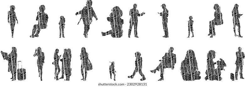 Vector illustration, Outline silhouettes of people, Contour drawing, people silhouette, Icon Set Isolated , Silhouette of sitting people, Architectural set	
