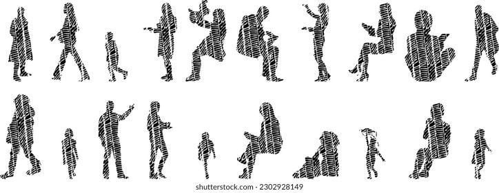 Vector illustration, Outline silhouettes of people, Contour drawing, people silhouette, Icon Set Isolated , Silhouette of sitting people, Architectural set	
