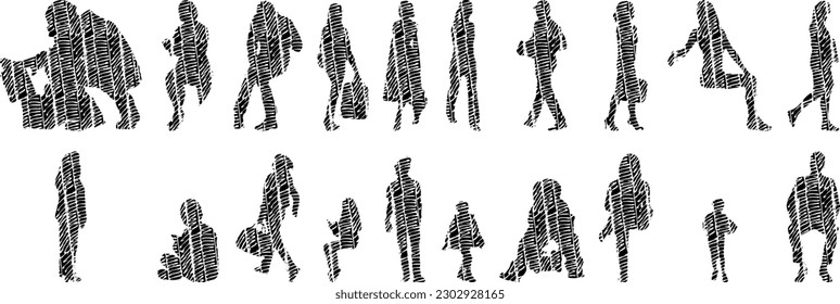 Vector illustration, Outline silhouettes of people, Contour drawing, people silhouette, Icon Set Isolated , Silhouette of sitting people, Architectural set	
