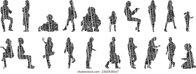 Vector illustration, Outline silhouettes of people, Contour drawing, people silhouette, Icon Set Isolated , Silhouette of sitting people, Architectural set	
