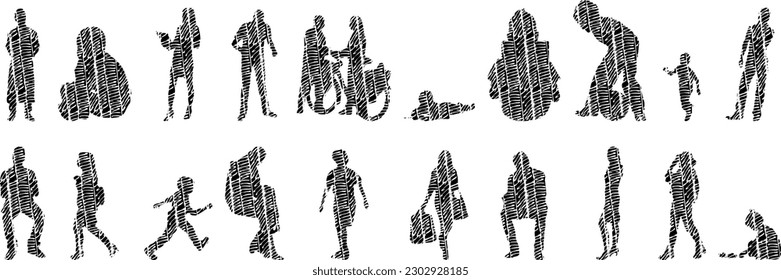 Vector illustration, Outline silhouettes of people, Contour drawing, people silhouette, Icon Set Isolated , Silhouette of sitting people, Architectural set	
