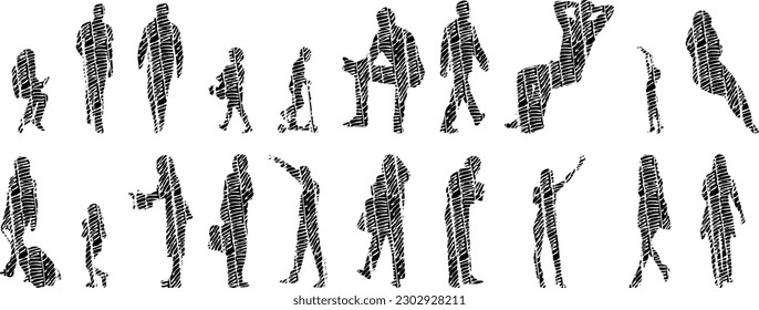 Vector illustration, Outline silhouettes of people, Contour drawing, people silhouette, Icon Set Isolated , Silhouette of sitting people, Architectural set	
