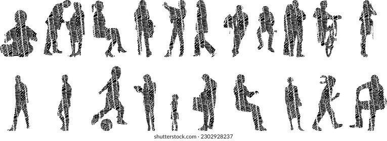 Vector illustration, Outline silhouettes of people, Contour drawing, people silhouette, Icon Set Isolated , Silhouette of sitting people, Architectural set	
