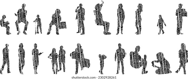 Vector illustration, Outline silhouettes of people, Contour drawing, people silhouette, Icon Set Isolated , Silhouette of sitting people, Architectural set	
