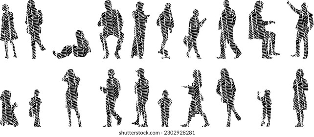 Vector illustration, Outline silhouettes of people, Contour drawing, people silhouette, Icon Set Isolated , Silhouette of sitting people, Architectural set	
