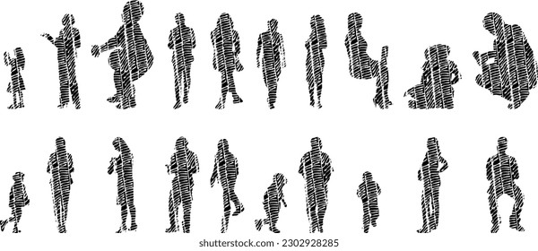 Vector illustration, Outline silhouettes of people, Contour drawing, people silhouette, Icon Set Isolated , Silhouette of sitting people, Architectural set	
