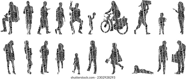 Vector illustration, Outline silhouettes of people, Contour drawing, people silhouette, Icon Set Isolated , Silhouette of sitting people, Architectural set	
