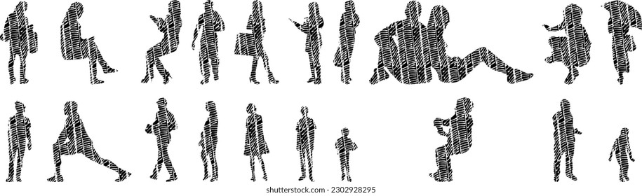 Vector illustration, Outline silhouettes of people, Contour drawing, people silhouette, Icon Set Isolated , Silhouette of sitting people, Architectural set	
