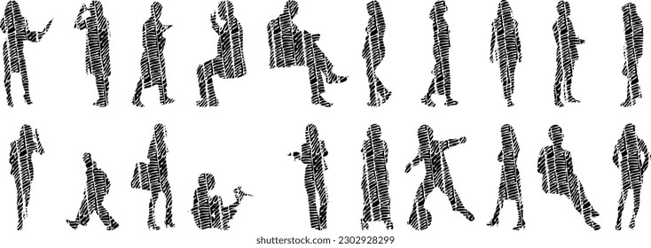 Vector illustration, Outline silhouettes of people, Contour drawing, people silhouette, Icon Set Isolated , Silhouette of sitting people, Architectural set	
