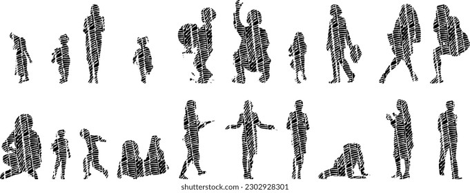 Vector illustration, Outline silhouettes of people, Contour drawing, people silhouette, Icon Set Isolated , Silhouette of sitting people, Architectural set	
