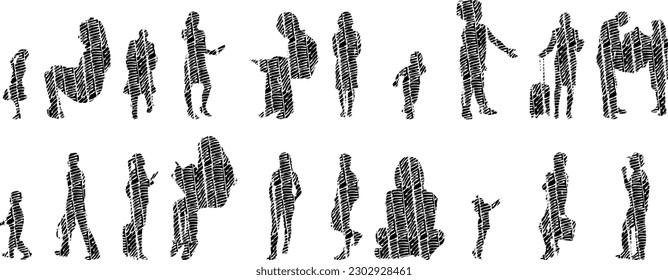 Vector illustration, Outline silhouettes of people, Contour drawing, people silhouette, Icon Set Isolated , Silhouette of sitting people, Architectural set	
